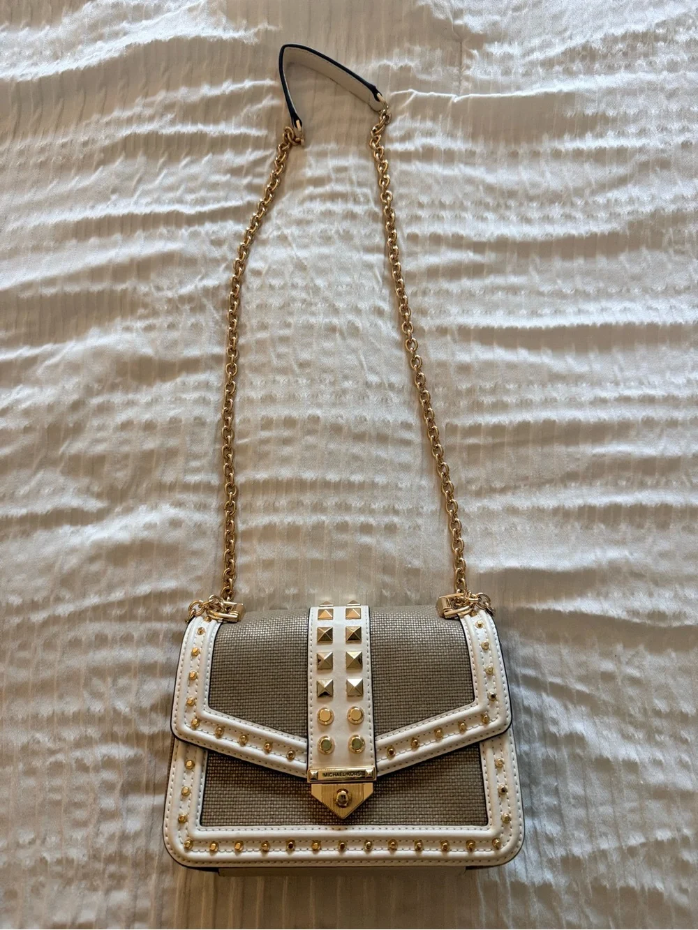 Michael Kors White Trim Taupe Crossbody with Gold Studs